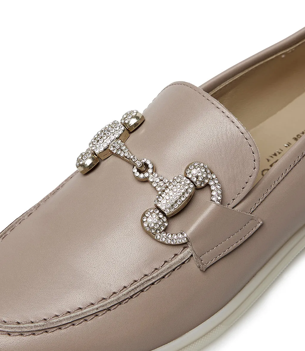 Jewel-buckle Mud-tone leather loafers