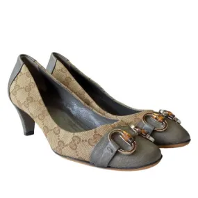 NEW GUCCI Beige GG Logo Canvas Grey Leather Cap Toe&Heels Kitten Heel Pumps, Size 36