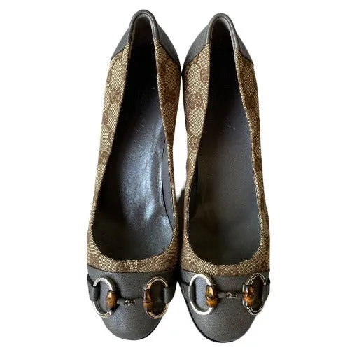 NEW GUCCI Beige GG Logo Canvas Grey Leather Cap Toe&Heels Kitten Heel Pumps, Size 36
