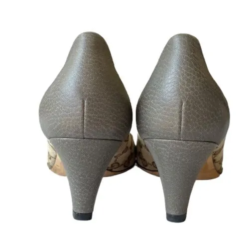 NEW GUCCI Beige GG Logo Canvas Grey Leather Cap Toe&Heels Kitten Heel Pumps, Size 36