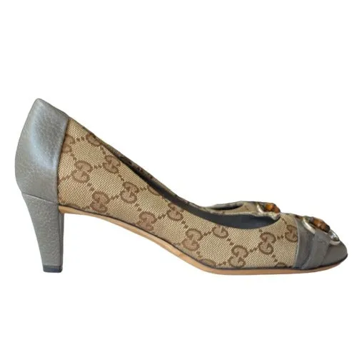 NEW GUCCI Beige GG Logo Canvas Grey Leather Cap Toe&Heels Kitten Heel Pumps, Size 36