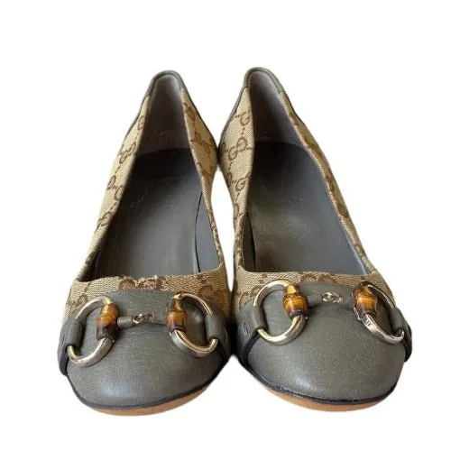 NEW GUCCI Beige GG Logo Canvas Grey Leather Cap Toe&Heels Kitten Heel Pumps, Size 36