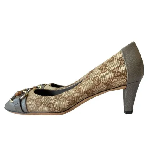 NEW GUCCI Beige GG Logo Canvas Grey Leather Cap Toe&Heels Kitten Heel Pumps, Size 36