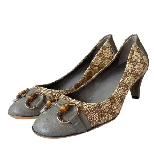 NEW GUCCI Beige GG Logo Canvas Grey Leather Cap Toe&Heels Kitten Heel Pumps, Size 36