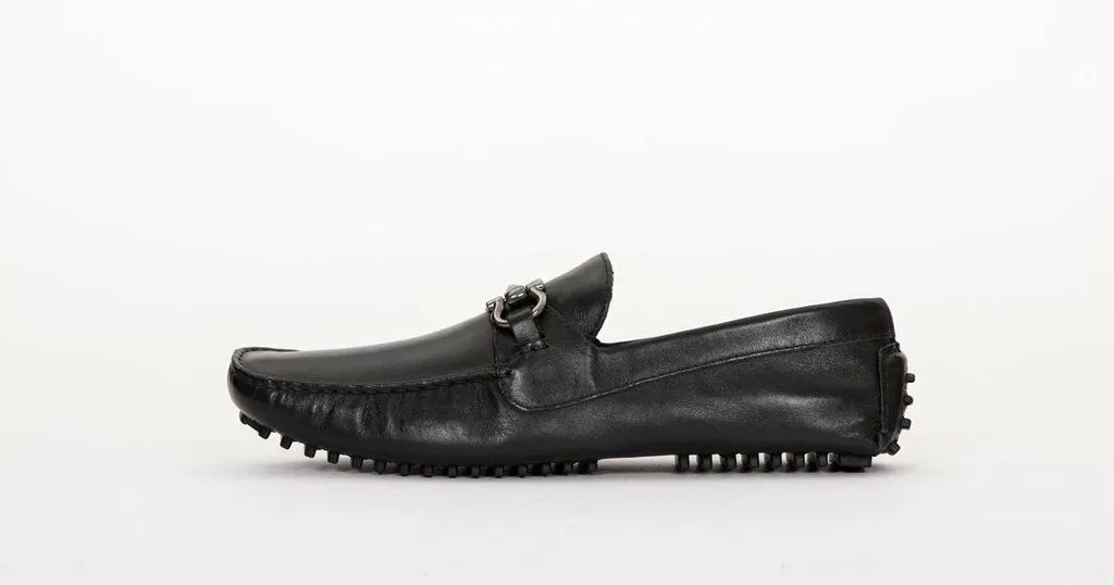 Pair of Kings Black Leather Mens Slip On Everyday Comfortable Dress Moccasins