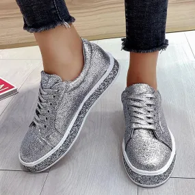 Platform Glitter Sequin Lace Up Bottom Slip On Trendy Leather Sneakers