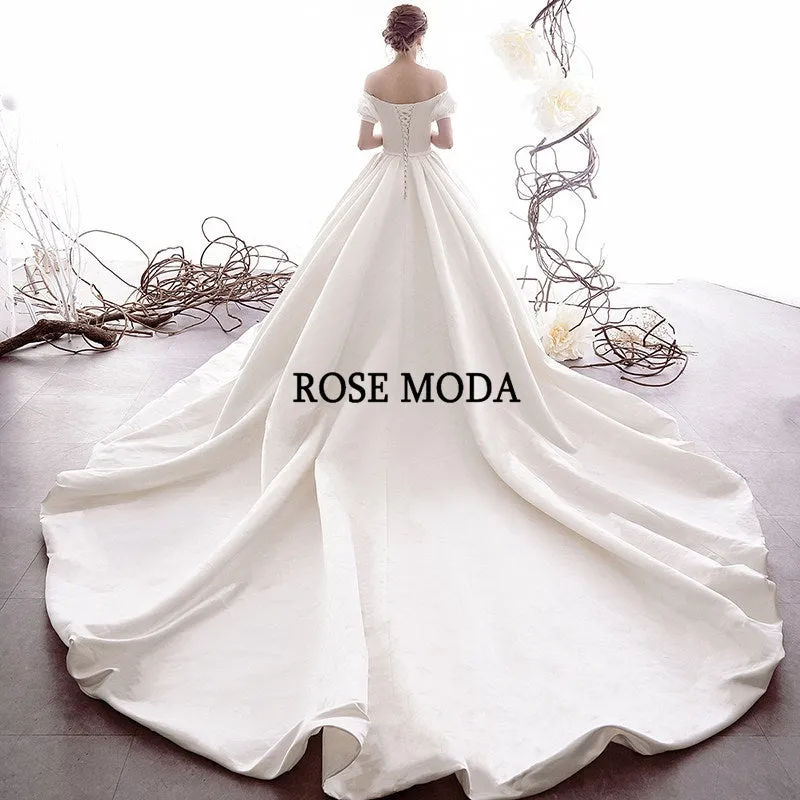 Rosemoda Off Shoulder Short Sleeve Satin Ball Gown Wedding Dress
